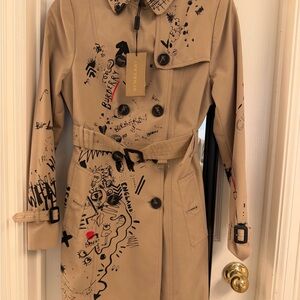 Burberry Tan Trench Coat with Artistic Print